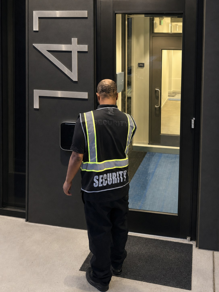 Chandler Solutions security officer checking a controlled building entrance