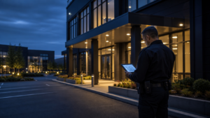Commercial security officer reviewing an exterior patrol route at a Western Washington property
